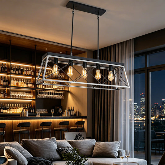 Linear Island Chandelier | Modern 5-Light Pendant with Exposed Bulbs | Matte Black Finish for Dining Room Elegance 1