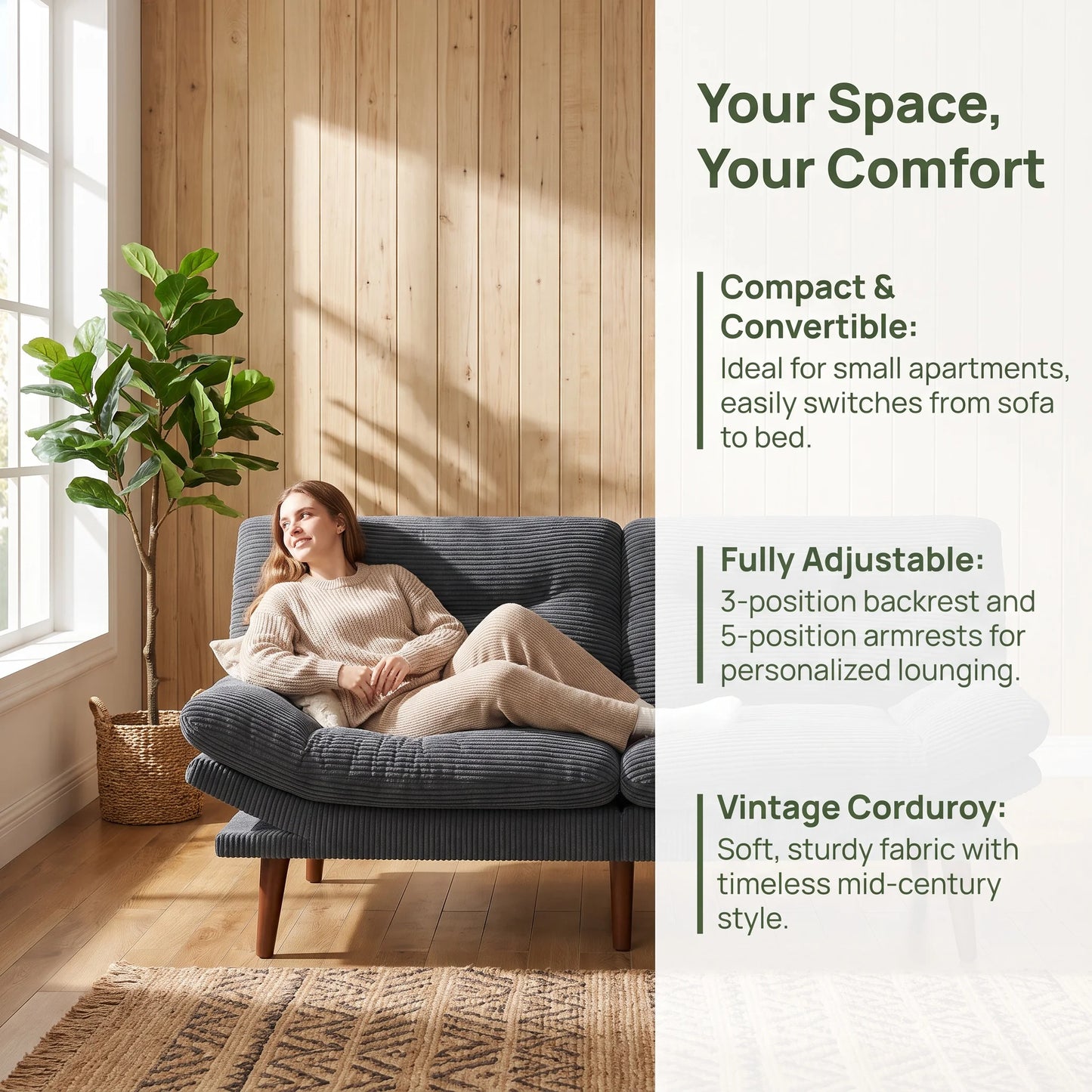 Sofa Bed, 66" Convertible Futon Sofa Bed, Corduroy Folding Futon Set with Adjustable Backrest &Armrests, Recliner Lounge for Living Room, Apartment or Office, Wood Frame, Loveseat Sofa 4