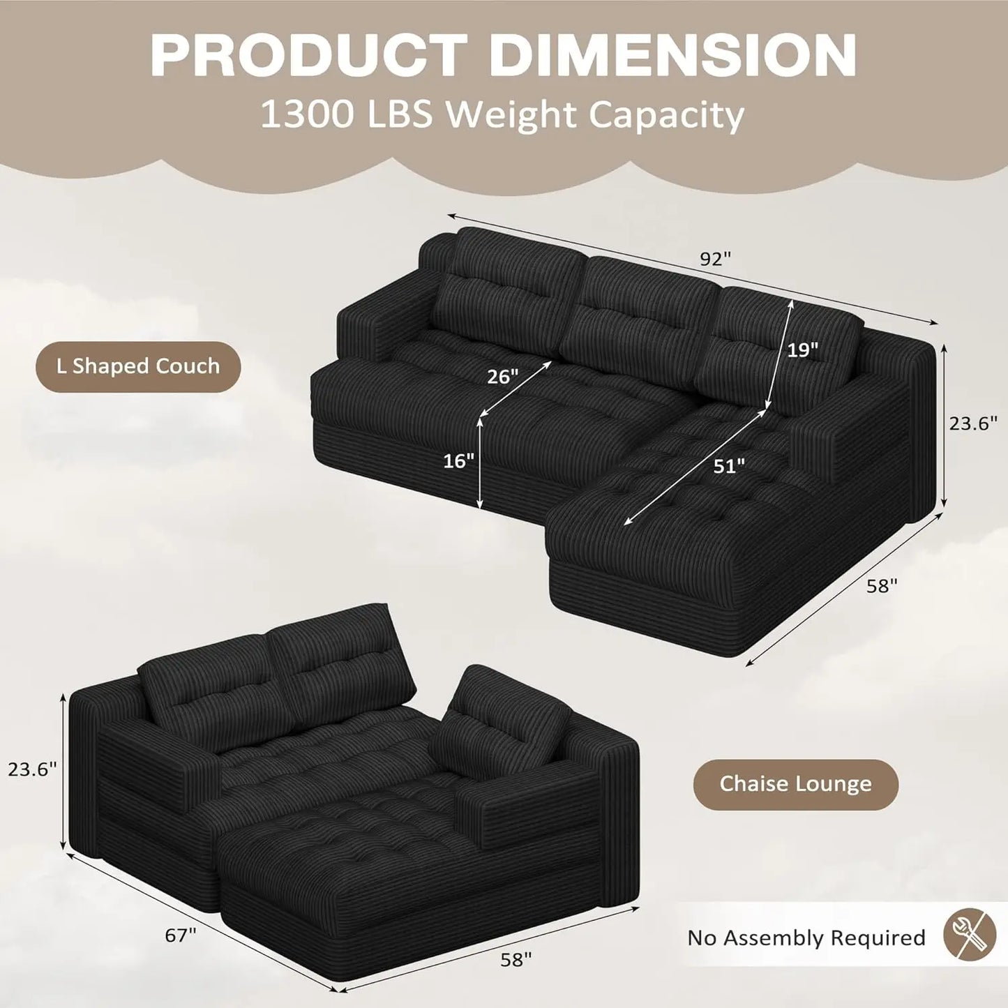 Cloud Comfort | Modular Sectional Couch with Deep Seat & Chaise | Versatile Design for Small Spaces 2