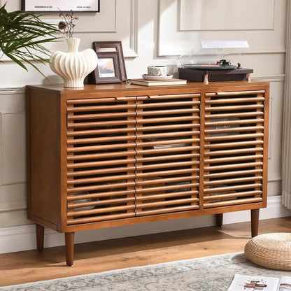 Elegant Walnut Brown Sideboard Cabinet with Slatted Doors & Adjustable Shelves | Modern Storage Solution for Dining or Living Room 0