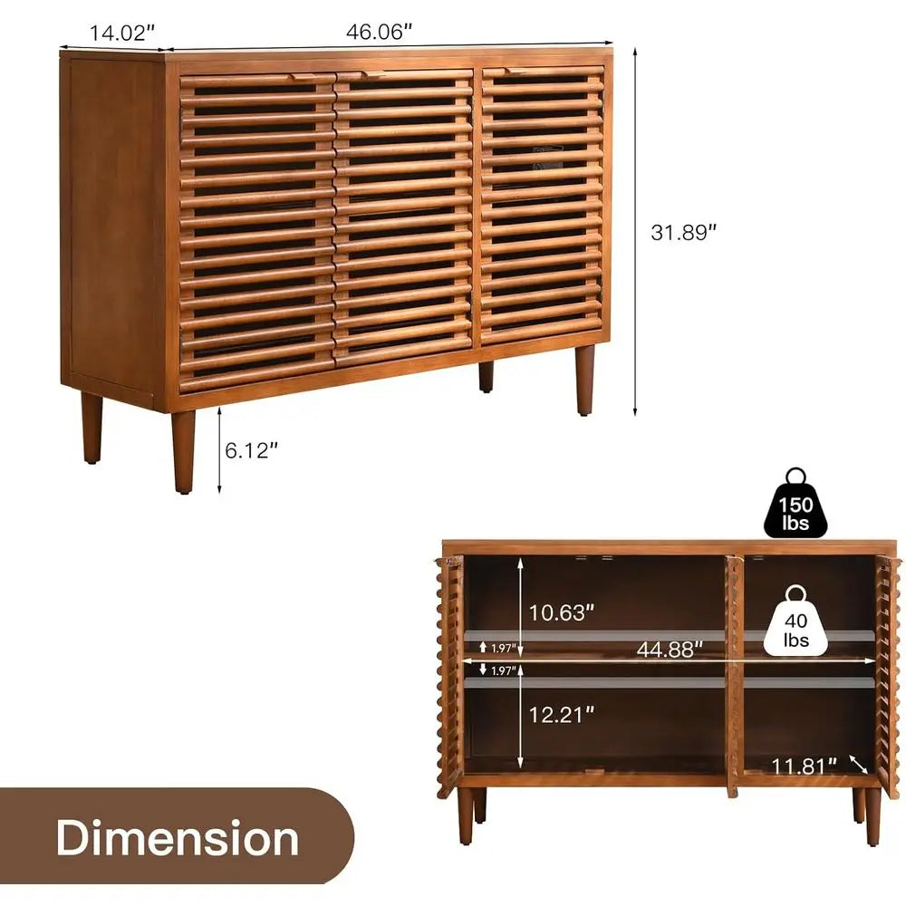 Elegant Walnut Brown Sideboard Cabinet with Slatted Doors & Adjustable Shelves | Modern Storage Solution for Dining or Living Room 1