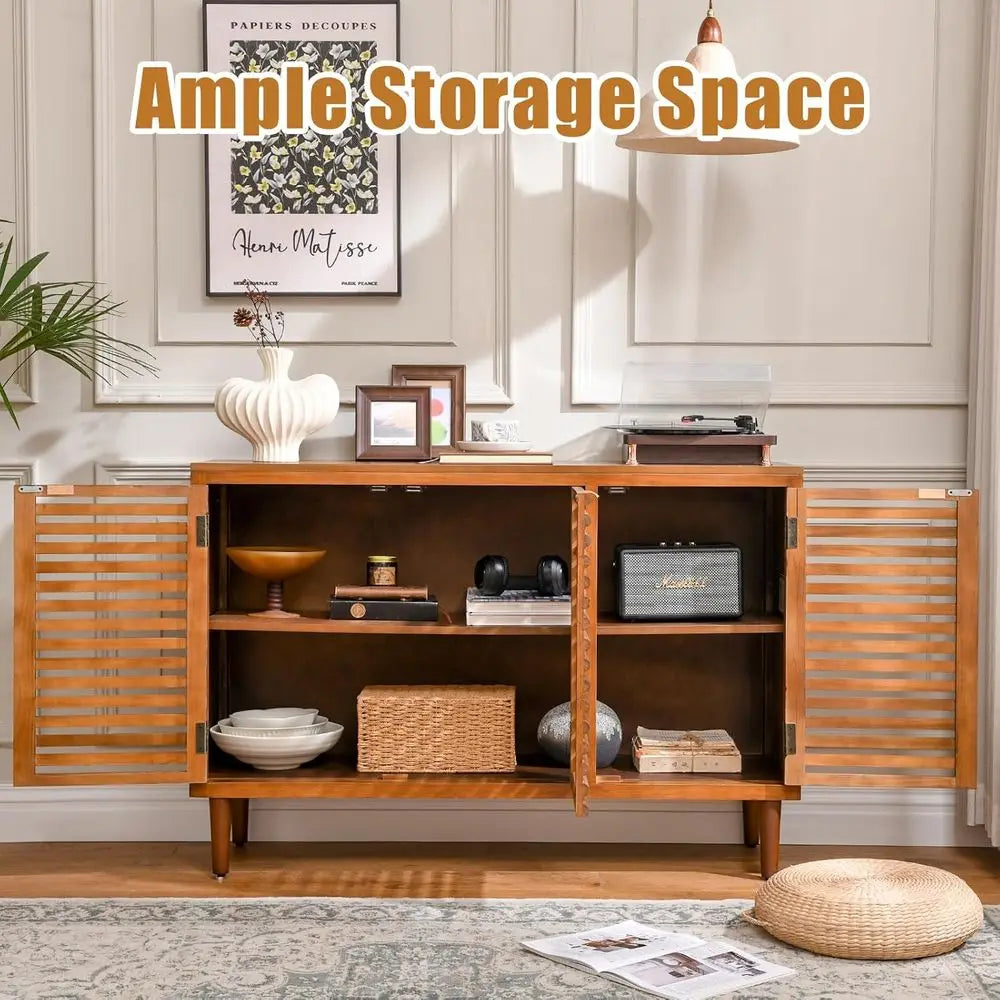 Elegant Walnut Brown Sideboard Cabinet with Slatted Doors & Adjustable Shelves | Modern Storage Solution for Dining or Living Room 2
