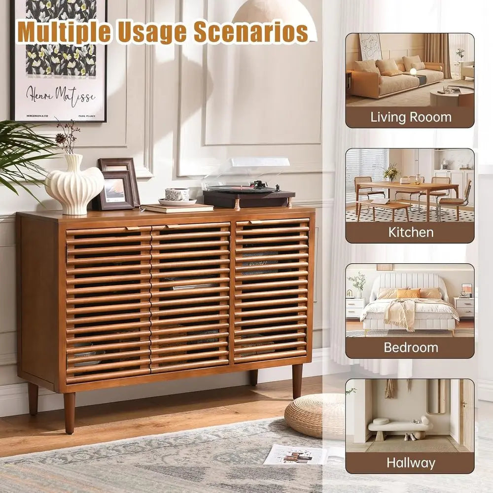 Elegant Walnut Brown Sideboard Cabinet with Slatted Doors & Adjustable Shelves | Modern Storage Solution for Dining or Living Room 4