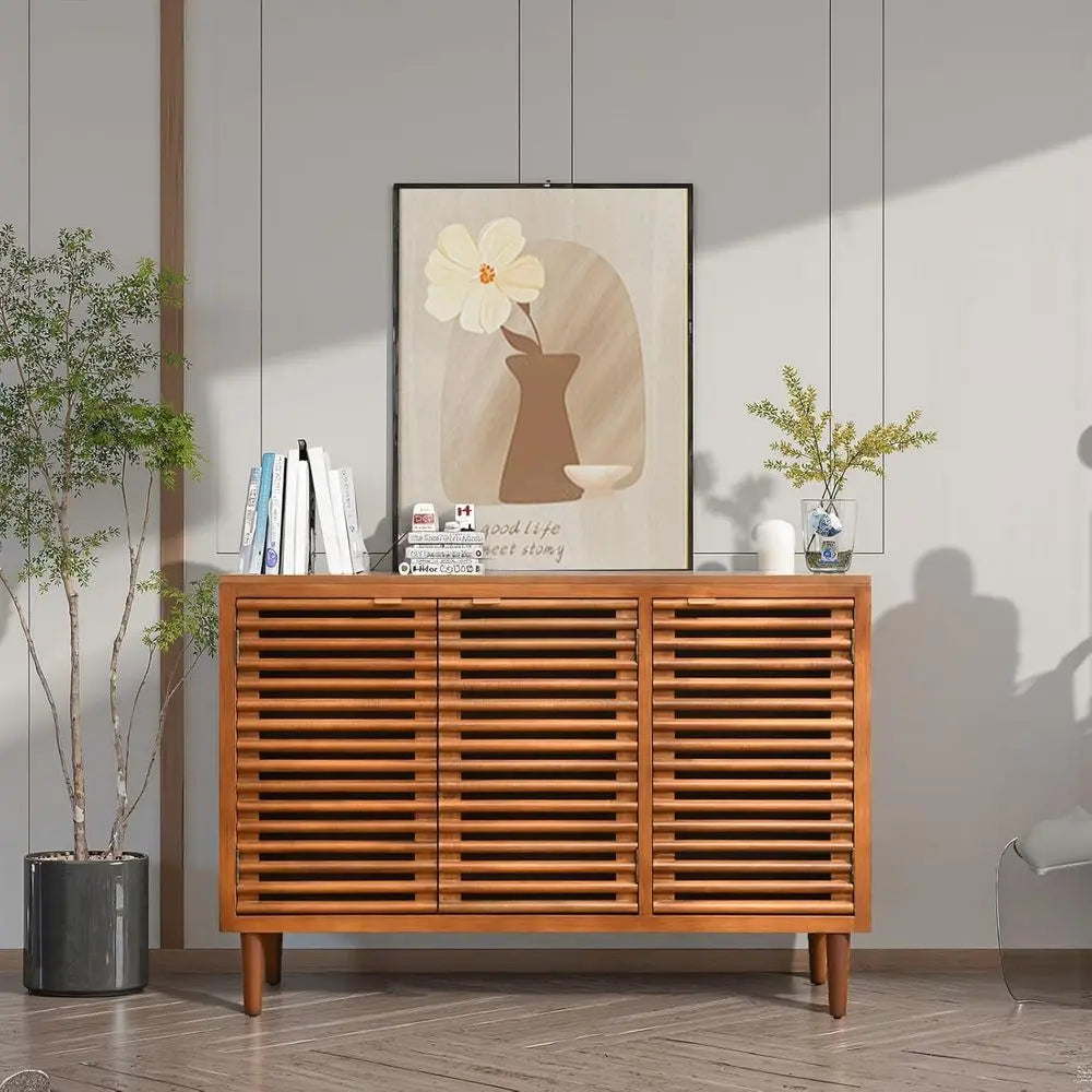 Elegant Walnut Brown Sideboard Cabinet with Slatted Doors & Adjustable Shelves | Modern Storage Solution for Dining or Living Room 5