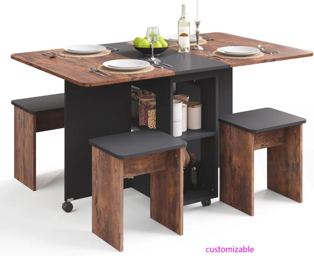 Folding Dining Table Set for 4 with Storage & Wheels | Space-Saving Design for Small Spaces 0