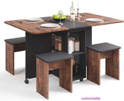 Folding Dining Table Set for 4 with Storage & Wheels | Space-Saving Design for Small Spaces 0