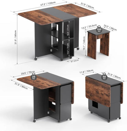 Folding Dining Table Set for 4 with Storage & Wheels | Space-Saving Design for Small Spaces 2