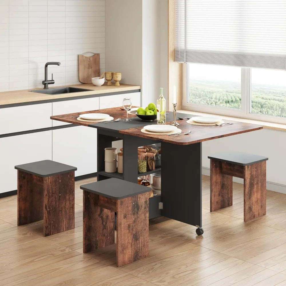 Folding Dining Table Set for 4 with Storage & Wheels | Space-Saving Design for Small Spaces 5