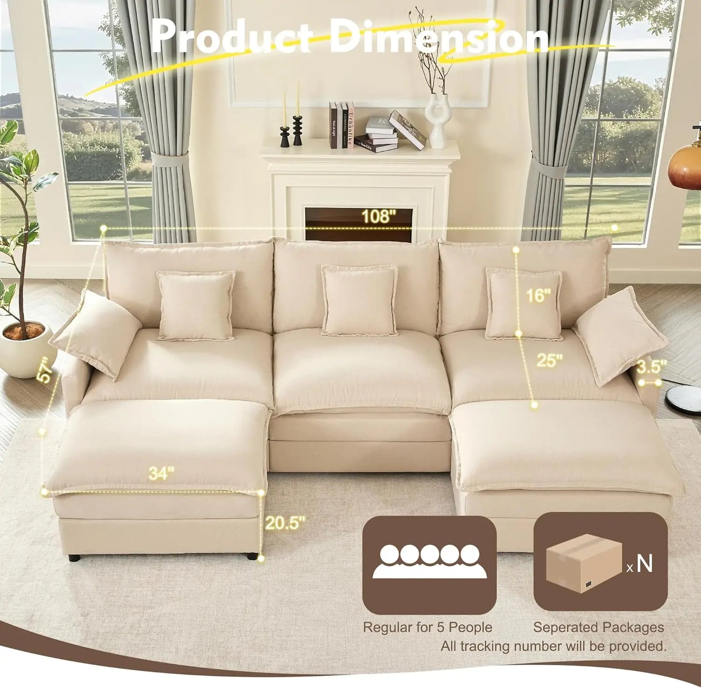GOSUHI 108" U Shaped Couch, Modular Sectional Sofa, 3-Seater Comfy Cloud Couch, Set of Modular Pieces with Movable Ottoman, Deep 1