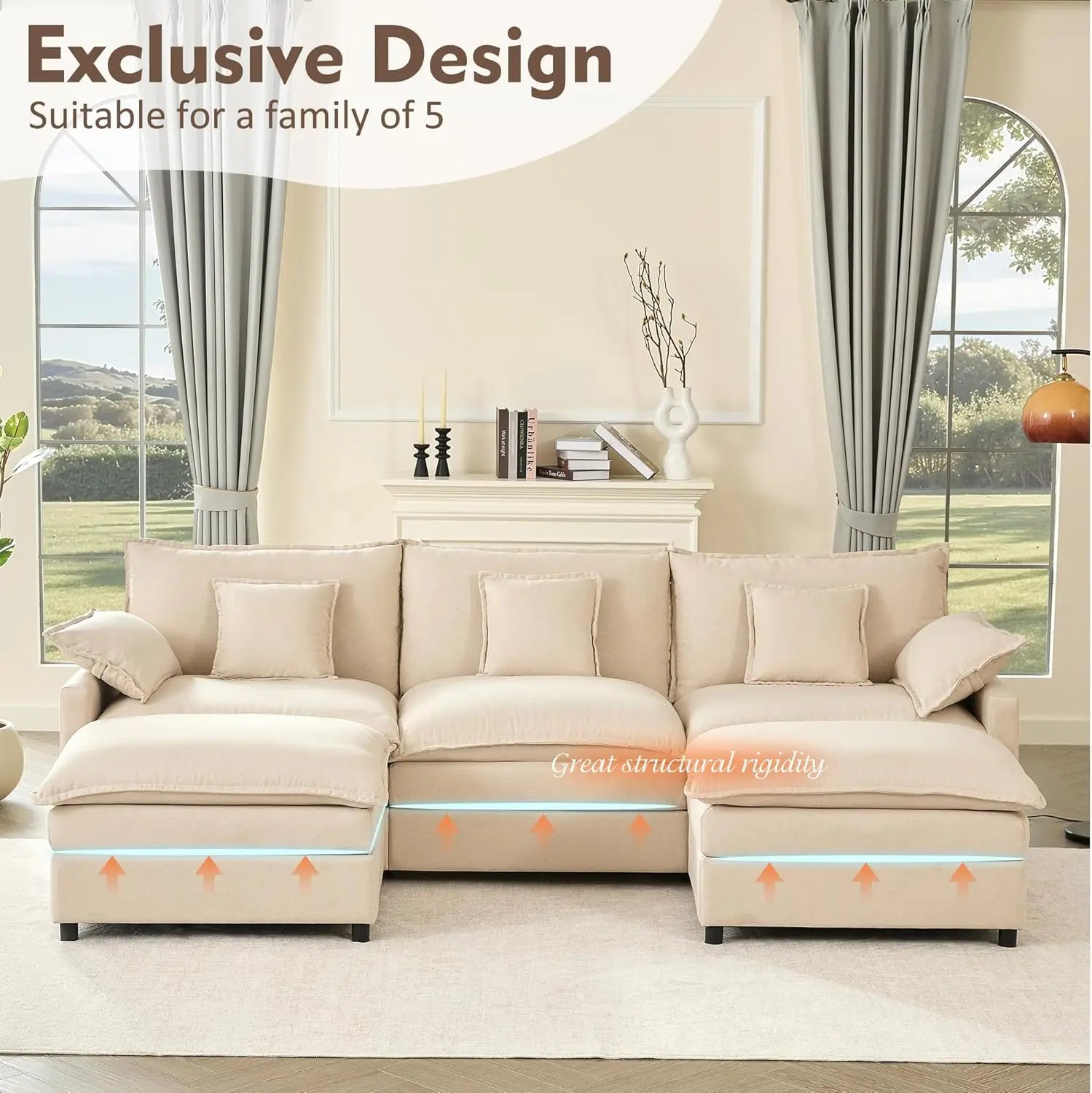 GOSUHI 108" U Shaped Couch, Modular Sectional Sofa, 3-Seater Comfy Cloud Couch, Set of Modular Pieces with Movable Ottoman, Deep 2