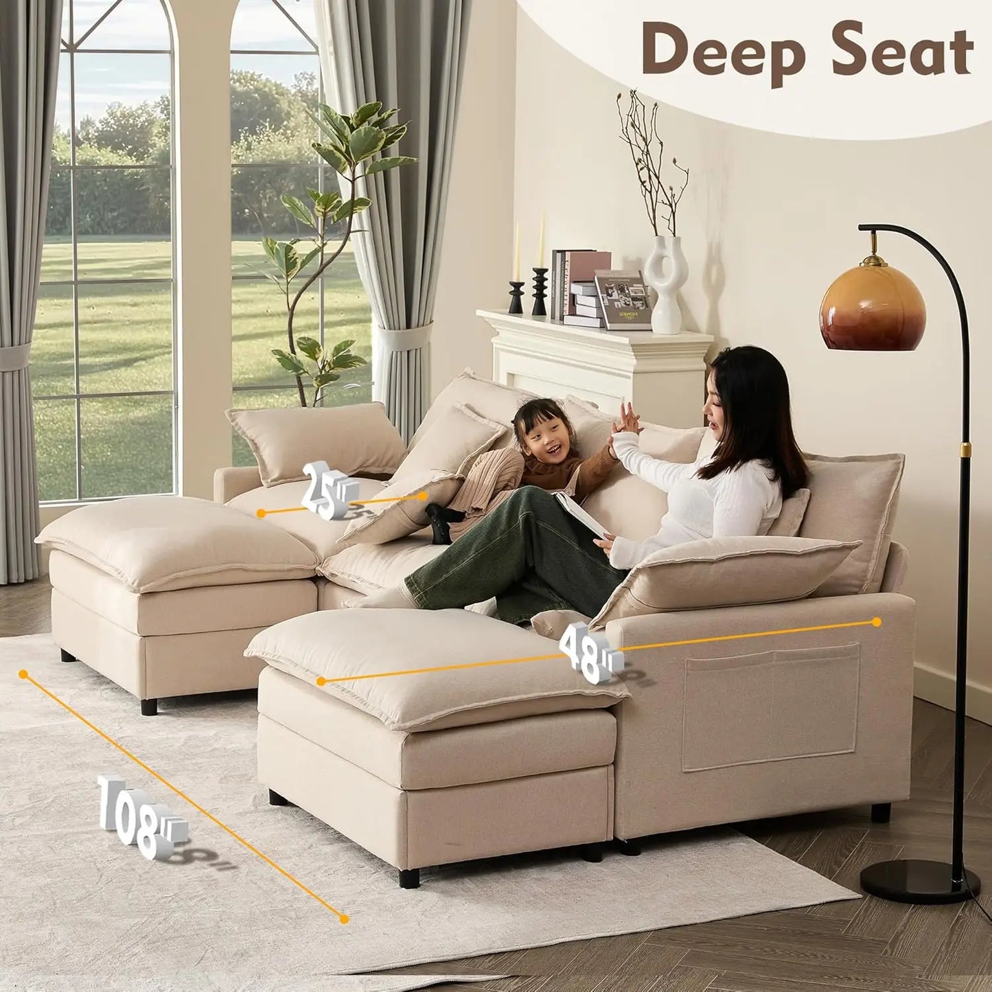 GOSUHI 108" U Shaped Couch, Modular Sectional Sofa, 3-Seater Comfy Cloud Couch, Set of Modular Pieces with Movable Ottoman, Deep 4