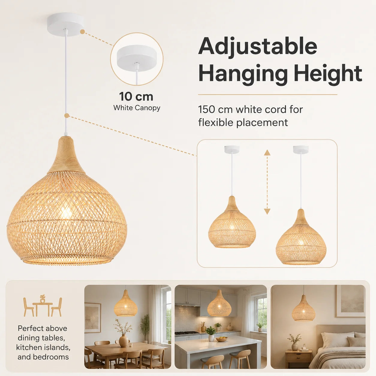 Handmade Rattan Pendant Light | Adjustable Height Chandelier for Cozy Kitchen Ambiance 6