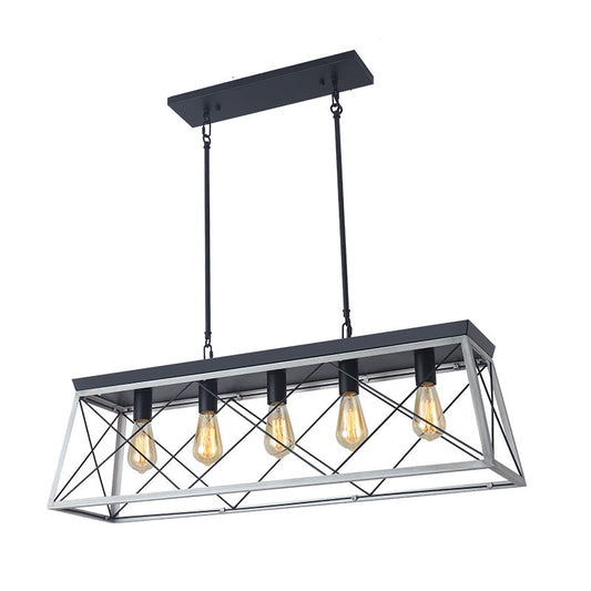 Linear Island Chandelier | Modern 5-Light Pendant with Exposed Bulbs | Matte Black Finish for Dining Room Elegance 0