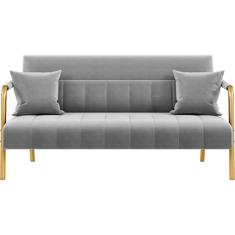 Luxurious Velvet Fabric Couch with Gold Metal Arms & Legs, Ideal for Living Room, Home Office, or Studio in Light Gray 0