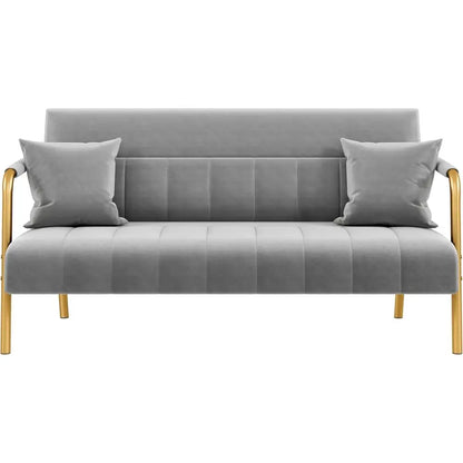 Luxurious Velvet Fabric Couch with Gold Metal Arms & Legs, Ideal for Living Room, Home Office, or Studio in Light Gray 0