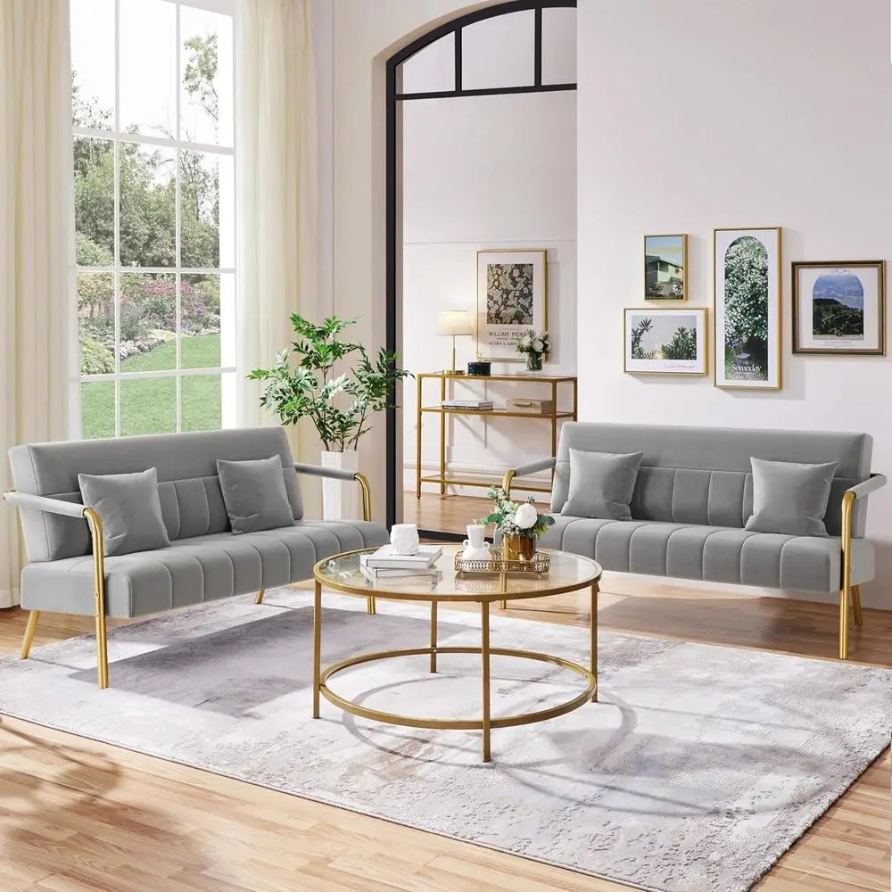 Luxurious Velvet Fabric Couch with Gold Metal Arms & Legs, Ideal for Living Room, Home Office, or Studio in Light Gray 1