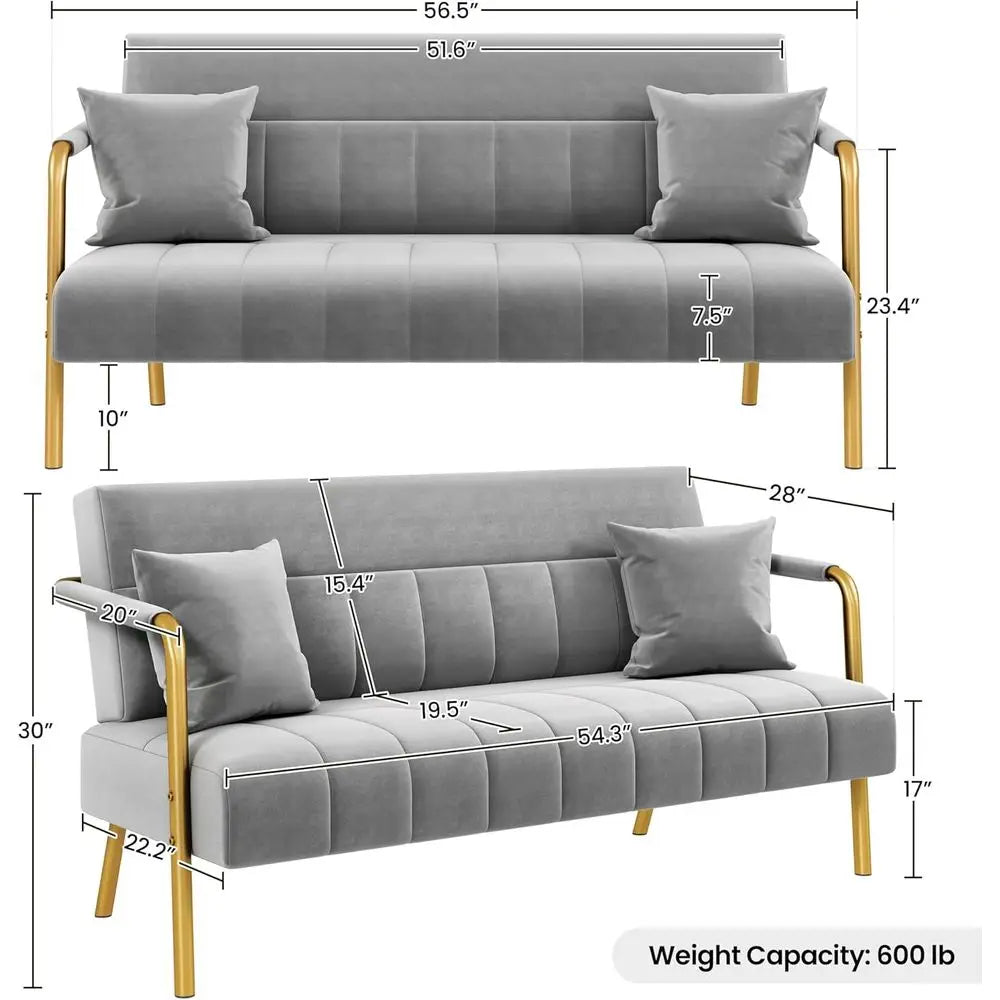 Luxurious Velvet Fabric Couch with Gold Metal Arms & Legs, Ideal for Living Room, Home Office, or Studio in Light Gray 2