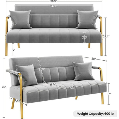 Luxurious Velvet Fabric Couch with Gold Metal Arms & Legs, Ideal for Living Room, Home Office, or Studio in Light Gray 2