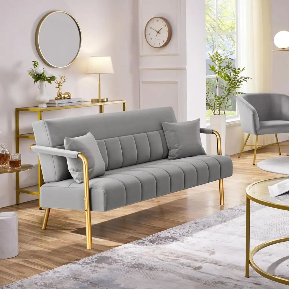 Luxurious Velvet Fabric Couch with Gold Metal Arms & Legs, Ideal for Living Room, Home Office, or Studio in Light Gray 3