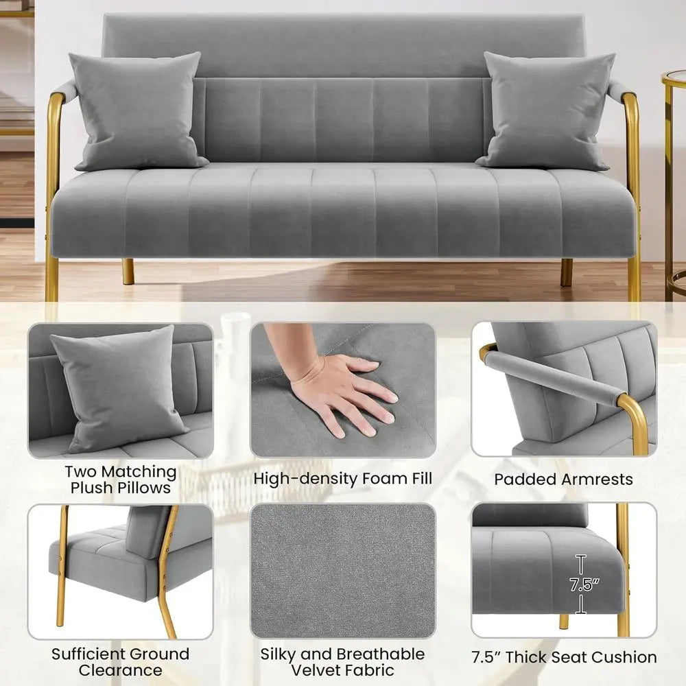 Luxurious Velvet Fabric Couch with Gold Metal Arms & Legs, Ideal for Living Room, Home Office, or Studio in Light Gray 4