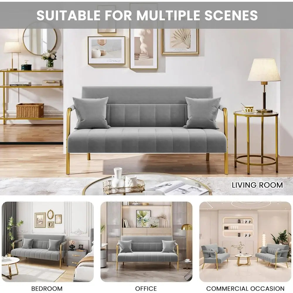Luxurious Velvet Fabric Couch with Gold Metal Arms & Legs, Ideal for Living Room, Home Office, or Studio in Light Gray 5