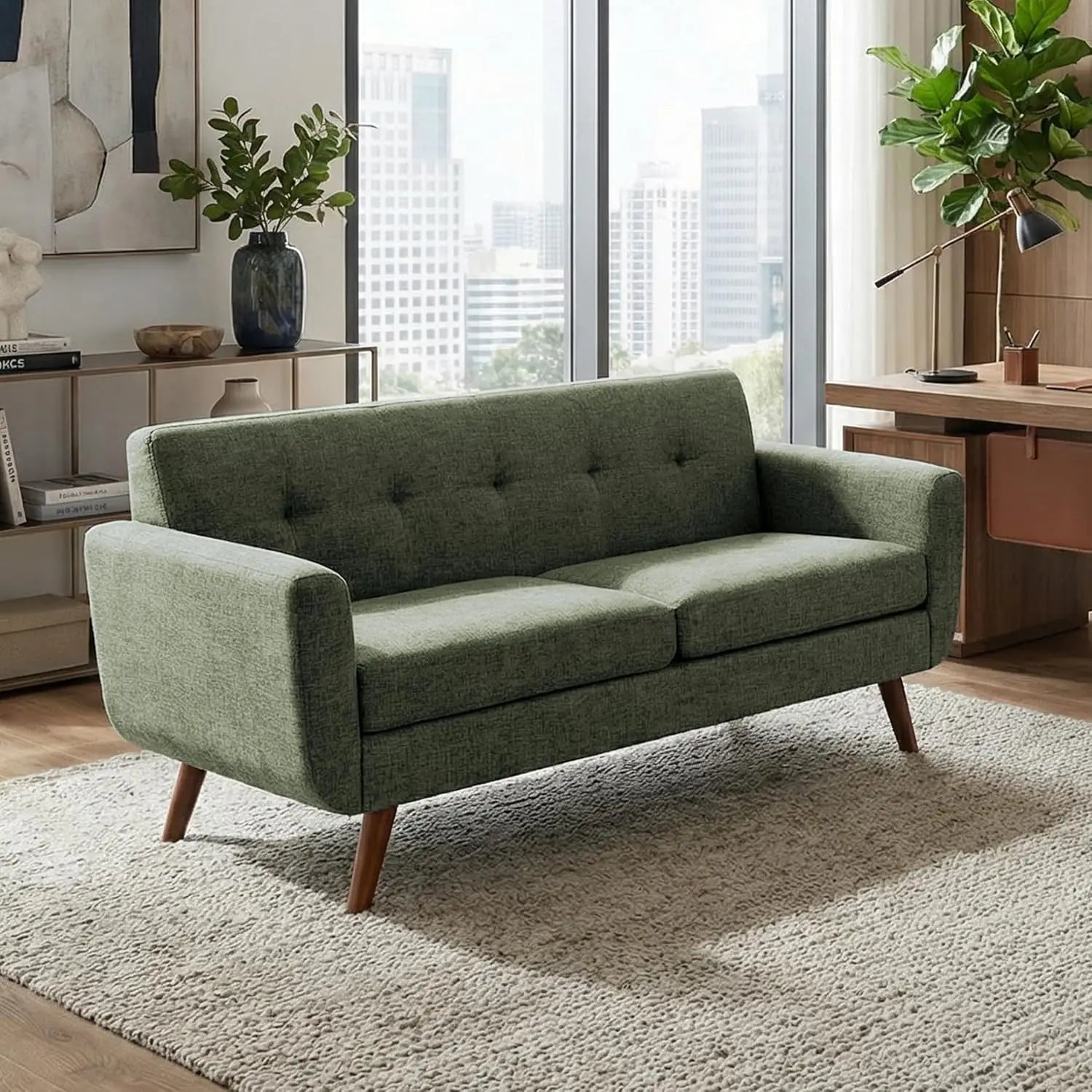 Mid Century | Loveseat Sofa with Pocket Springs & Tufted Linen | Stylish Seating for Living Room & Bedroom 0