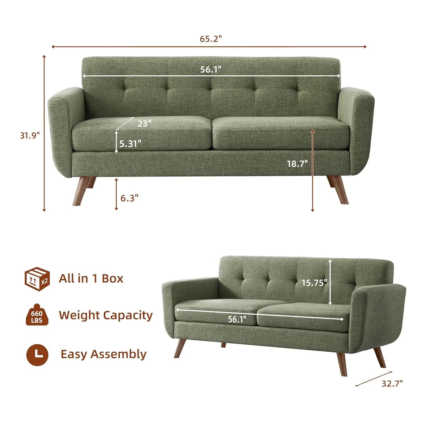 Mid Century | Loveseat Sofa with Pocket Springs & Tufted Linen | Stylish Seating for Living Room & Bedroom 1