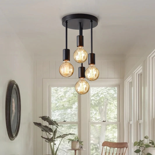 Modern Black Flush Mount Ceiling Light with 4 E27 Bulb Bases | Stylish Design for Versatile Home Illumination 1