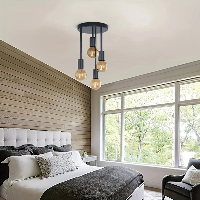 Modern Black Flush Mount Ceiling Light with 4 E27 Bulb Bases | Versatile Design for Home Illumination 5