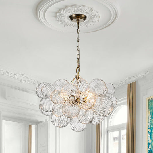 Modern Chandelier | Ribbed Glass Bubble Design with Adjustable Height | Black Finish for Elegant Dining Room Ambiance 0