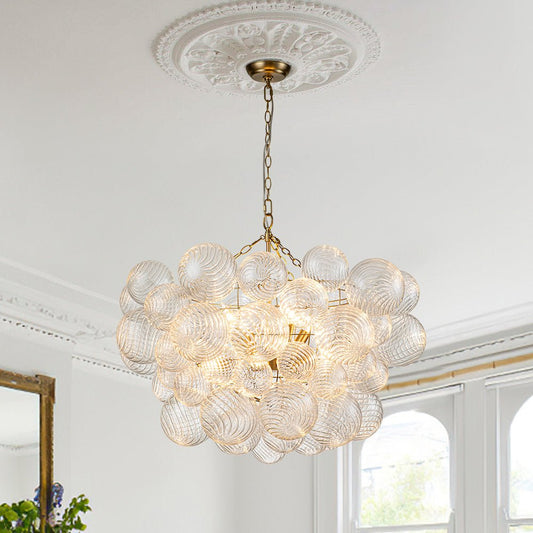 Modern Chandelier | Ribbed Glass Bubble Design with Adjustable Height | Black Finish for Elegant Dining Room Ambiance 1