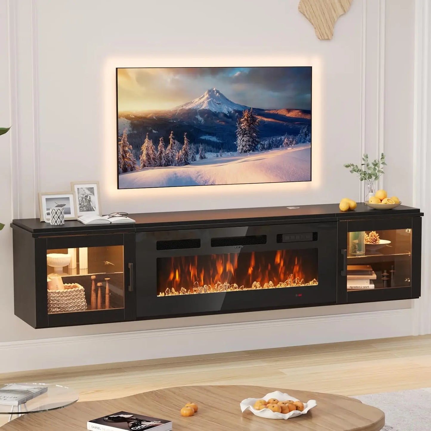 Modern Floating TV Stand with Electric Fireplace Insert | Sleek High Gloss Design for Cozy Living Rooms 0
