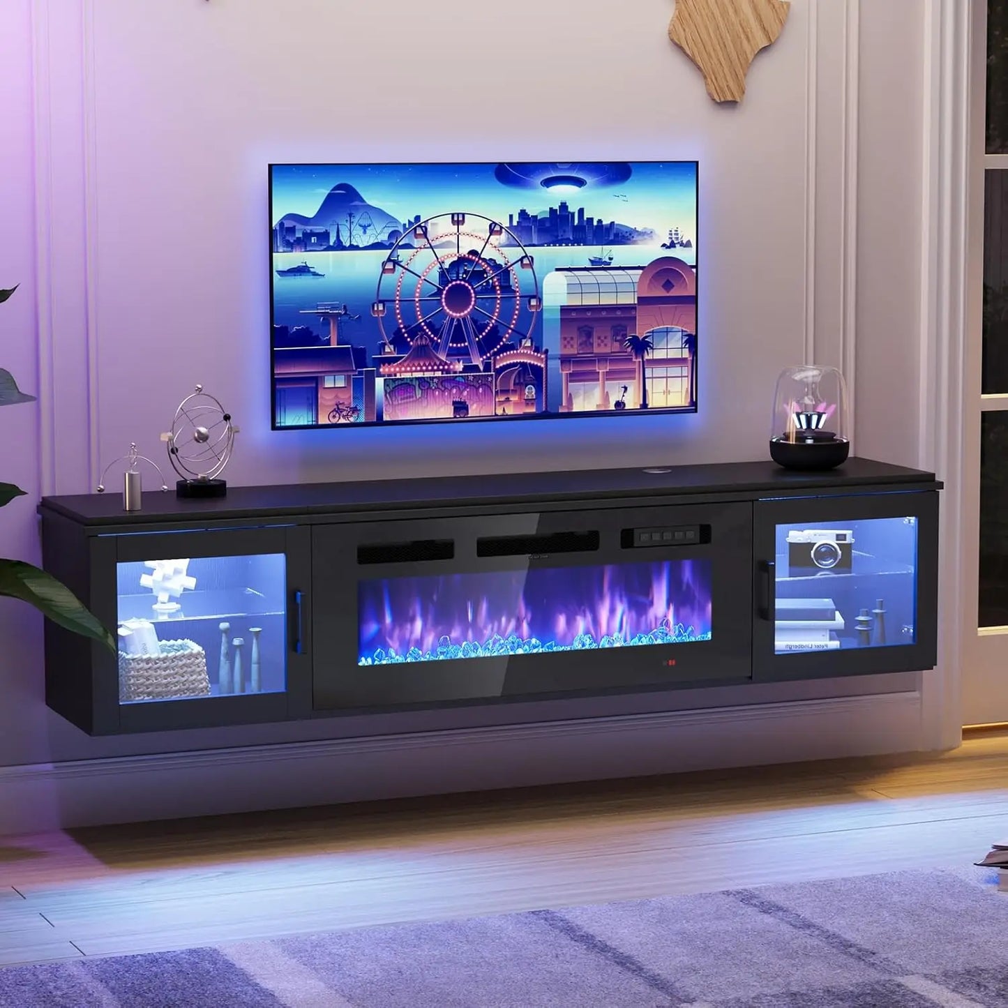 Modern Floating TV Stand with Electric Fireplace Insert | Sleek High Gloss Design for Cozy Living Rooms 1
