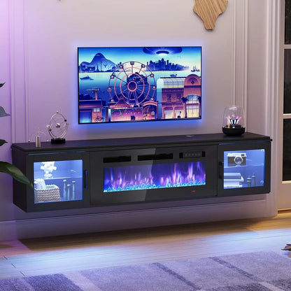 Modern Floating TV Stand with Electric Fireplace Insert | Sleek High Gloss Design for Cozy Living Rooms 1