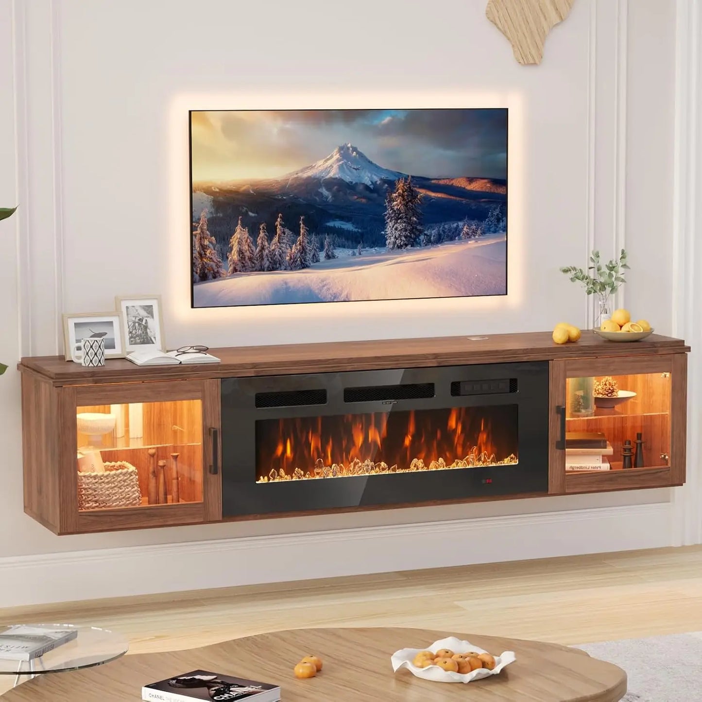 Modern Floating TV Stand with Electric Fireplace Insert | Sleek High Gloss Design for Cozy Living Rooms 10