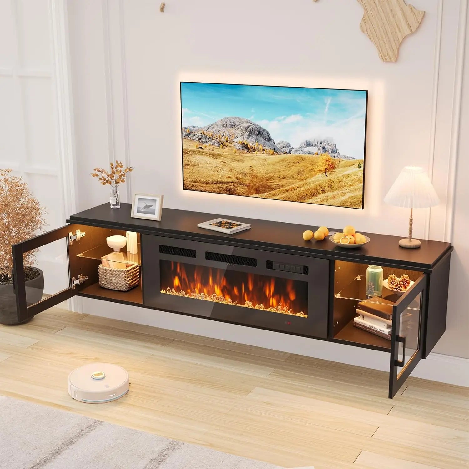 Modern Floating TV Stand with Electric Fireplace Insert | Sleek High Gloss Design for Cozy Living Rooms 2