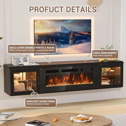 Modern Floating TV Stand with Electric Fireplace Insert | Sleek High Gloss Design for Cozy Living Rooms 3