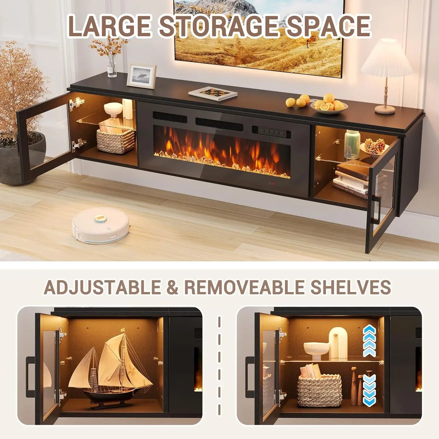 Modern Floating TV Stand with Electric Fireplace Insert | Sleek High Gloss Design for Cozy Living Rooms 4