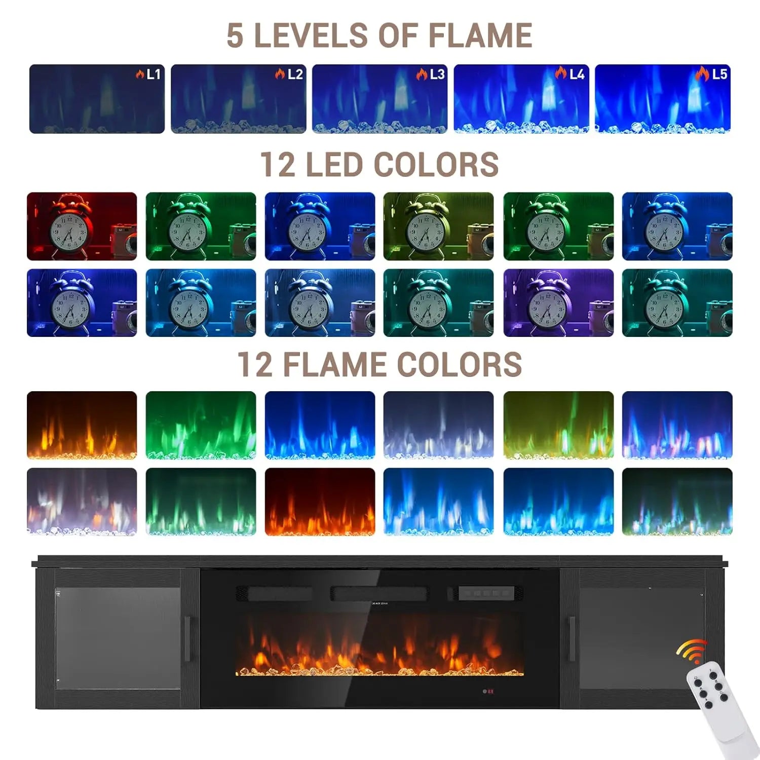 Modern Floating TV Stand with Electric Fireplace Insert | Sleek High Gloss Design for Cozy Living Rooms 5