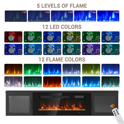 Modern Floating TV Stand with Electric Fireplace Insert | Sleek High Gloss Design for Cozy Living Rooms 5