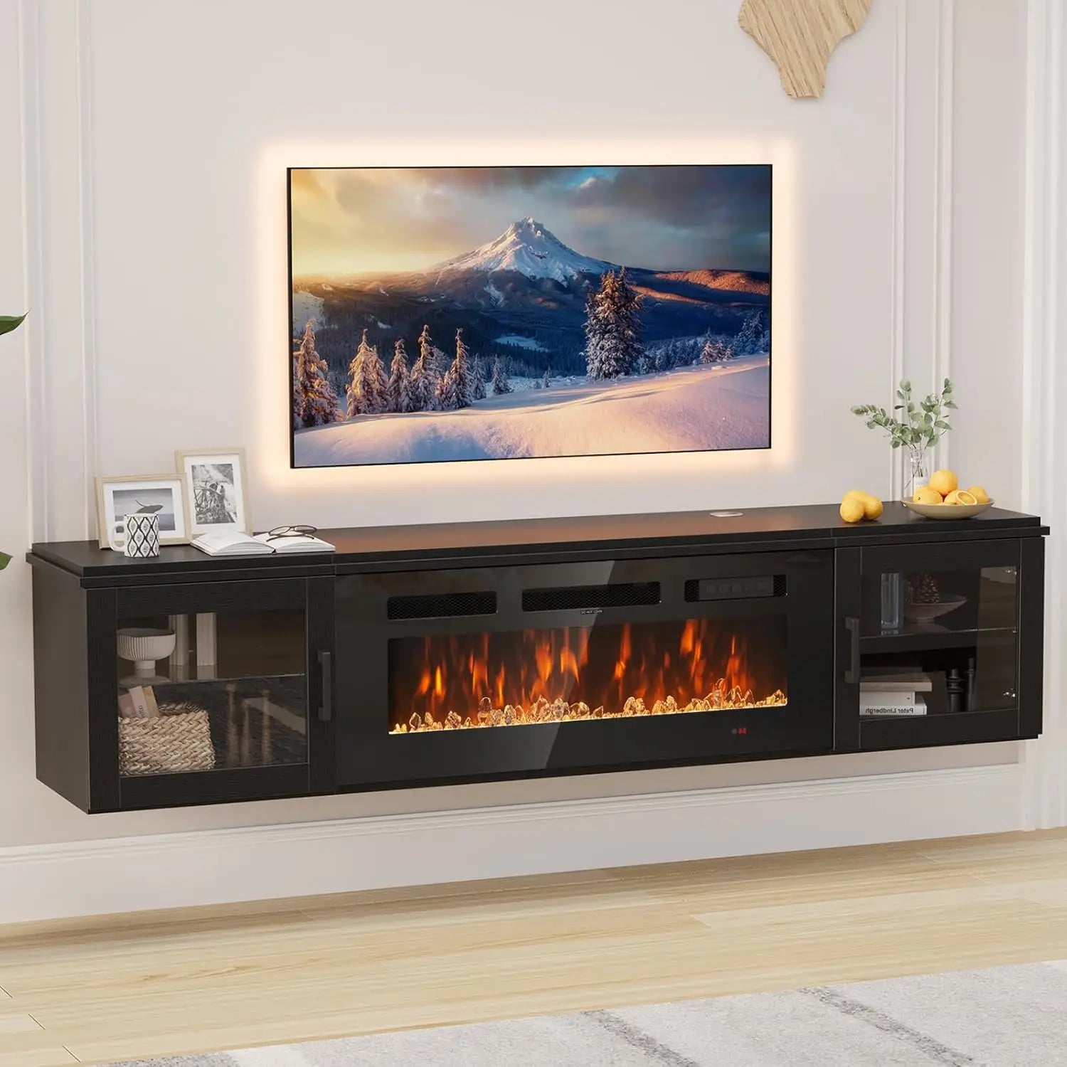 Modern Floating TV Stand with Electric Fireplace Insert | Sleek High Gloss Design for Cozy Living Rooms 6