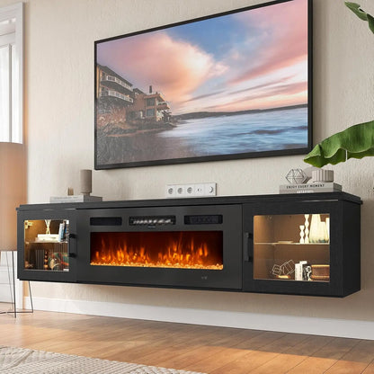 Modern Floating TV Stand with Electric Fireplace Insert | Sleek High Gloss Design for Cozy Living Rooms 7