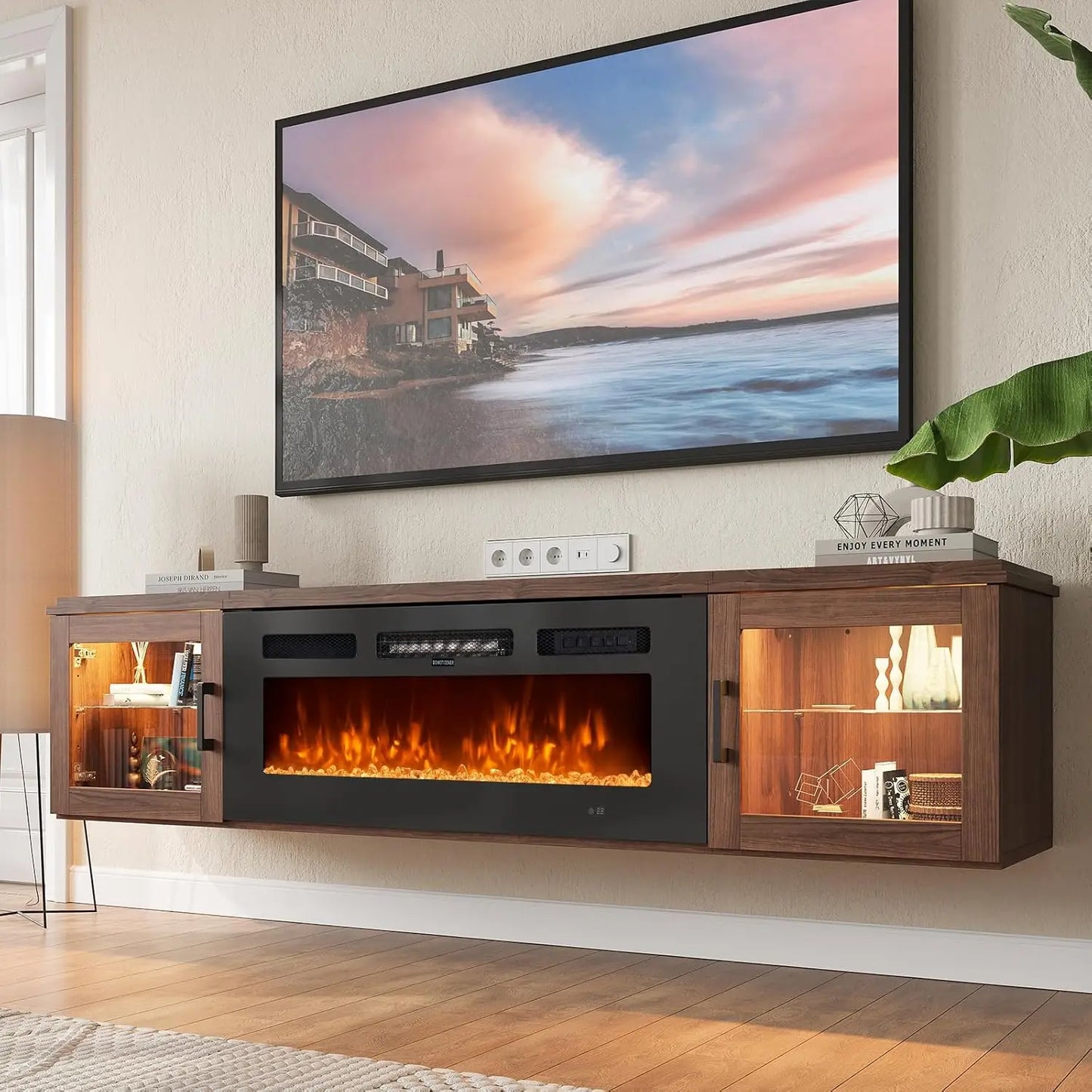 Modern Floating TV Stand with Electric Fireplace Insert | Sleek High Gloss Design for Cozy Living Rooms 8