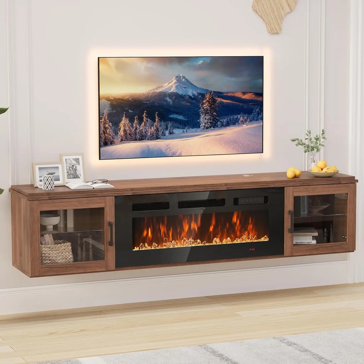 Modern Floating TV Stand with Electric Fireplace Insert | Sleek High Gloss Design for Cozy Living Rooms 9