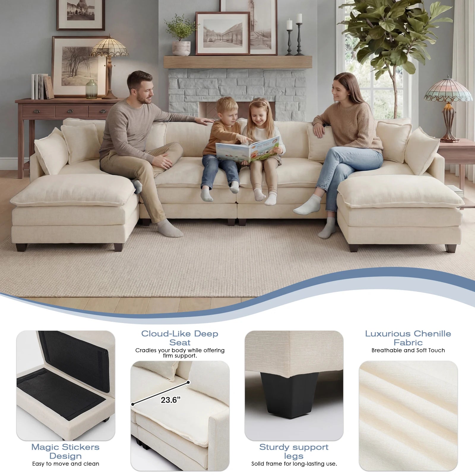 Modular Sofa | Comfy Cloud Sectional Couch with Deep Seats & Ottoman | Versatile Design for Living Room Comfort 3