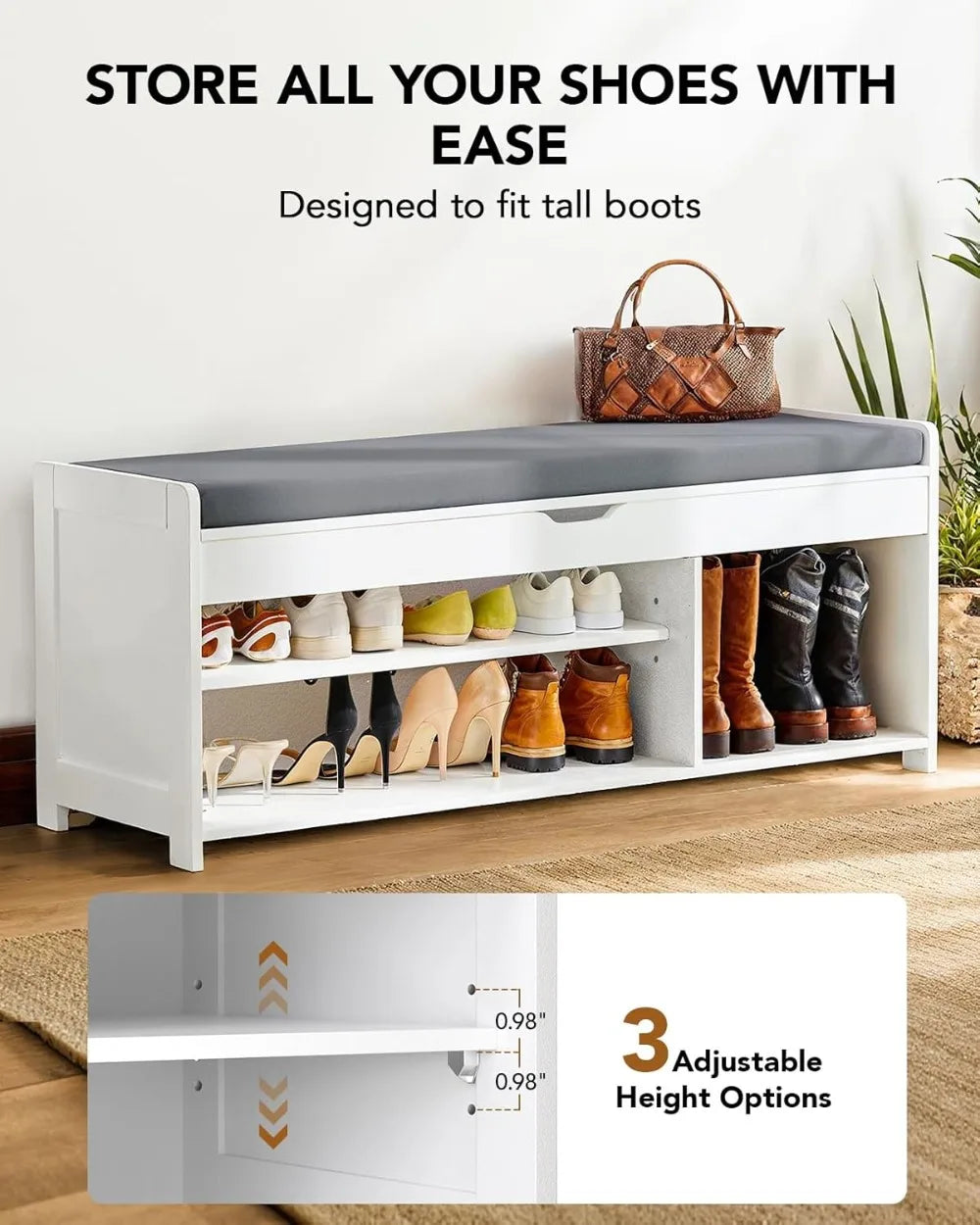 Rustic Storage Bench | Entryway Bench with Cushion & Adjustable Shelves | Versatile Shoe Storage Solution for Home Organization 2
