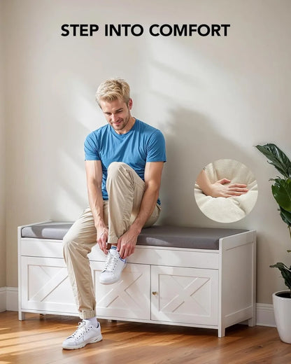 Rustic Storage Bench | Entryway Bench with Cushion & Adjustable Shelves | Versatile Shoe Storage Solution for Home Organization 5