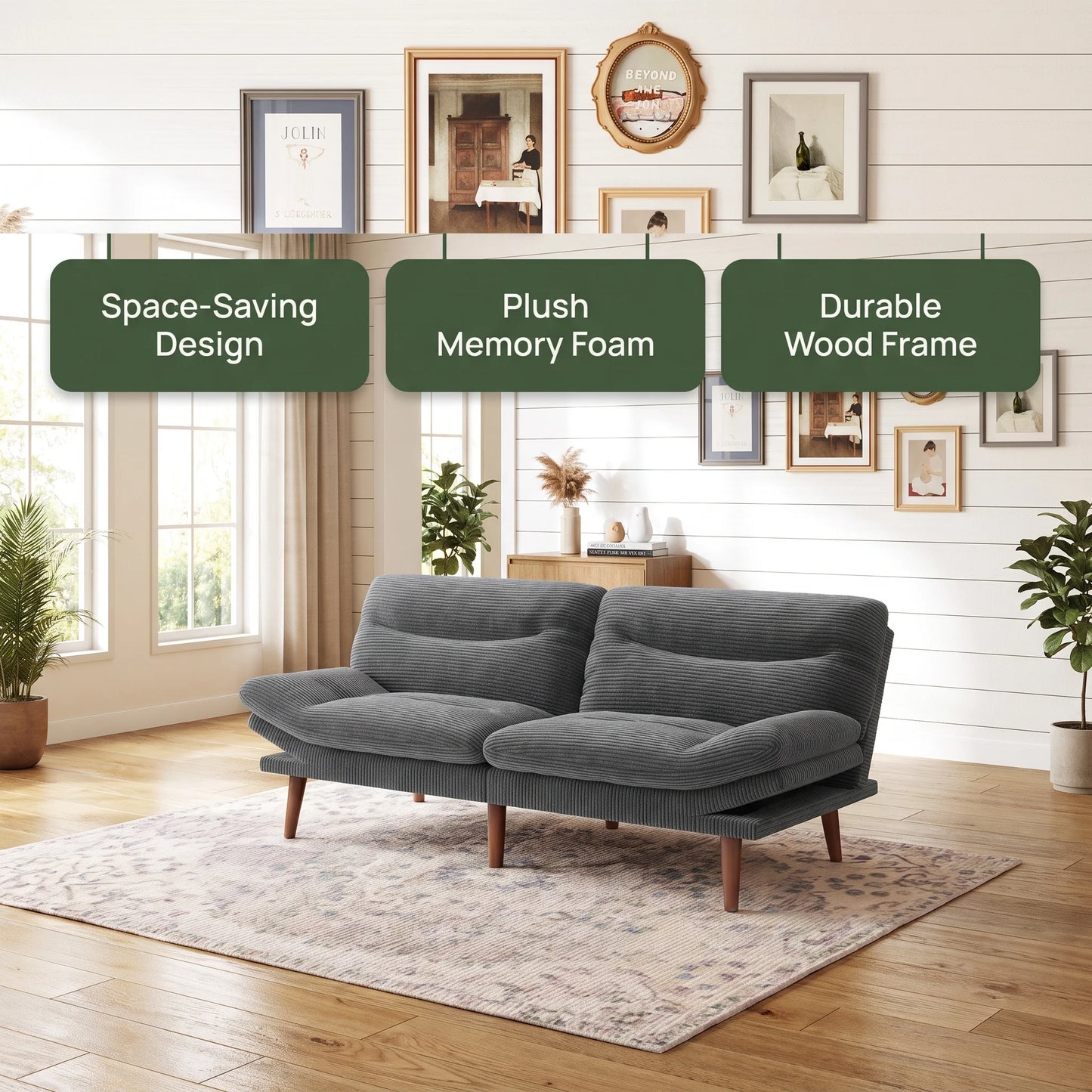 Sofa Bed, 66" Convertible Futon Sofa Bed, Corduroy Folding Futon Set with Adjustable Backrest &Armrests, Recliner Lounge for Living Room, Apartment or Office, Wood Frame, Loveseat Sofa 3