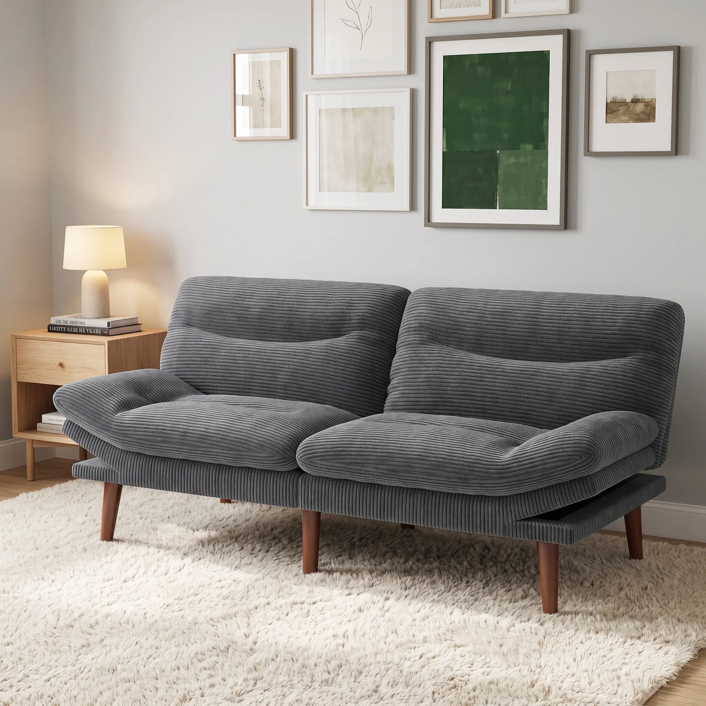Sofa Bed, 66" Convertible Futon Sofa Bed, Corduroy Folding Futon Set with Adjustable Backrest &Armrests, Recliner Lounge for Living Room, Apartment or Office, Wood Frame, Loveseat Sofa 0