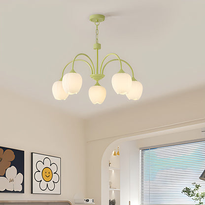 TulipGlow | Elegant Vintage Green Glass Chandelier Light Fixture 2